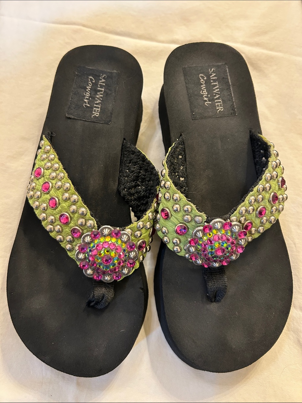 Green Rhinestone Thong Sandals with Pink Accents